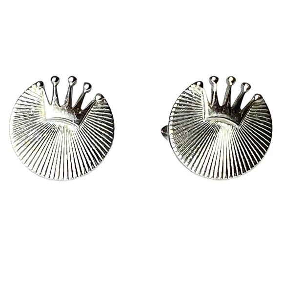 Swank MCM Silvertone Crown Design Cufflinks 7/8" Diameter Men's Dressy Career - Picture 2 of 5